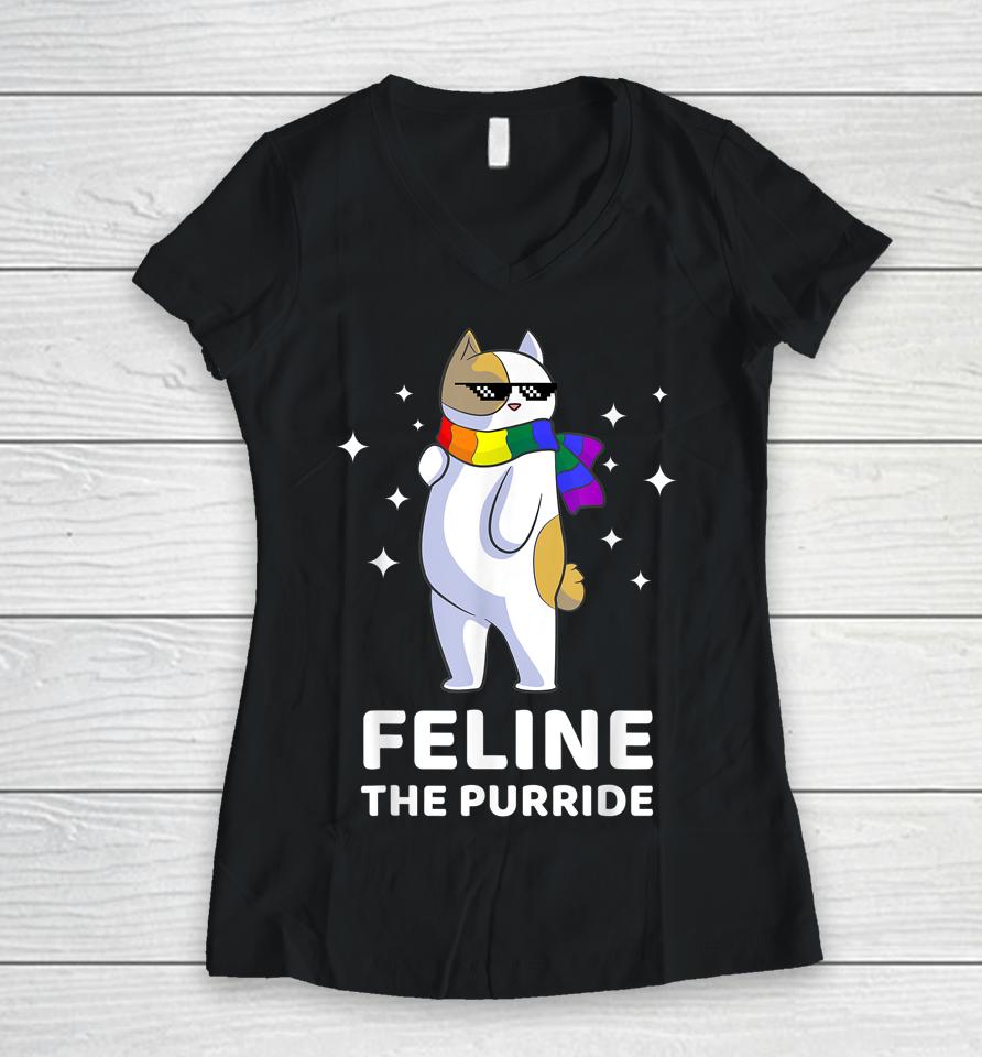 Feline The Purride Lgbt Gay Pride Cat Women V-Neck T-Shirt