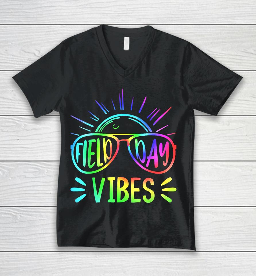 Field Day Vibes 2023 Teacher Kids Groovy Tie Dye Hippie Unisex V-Neck T-Shirt