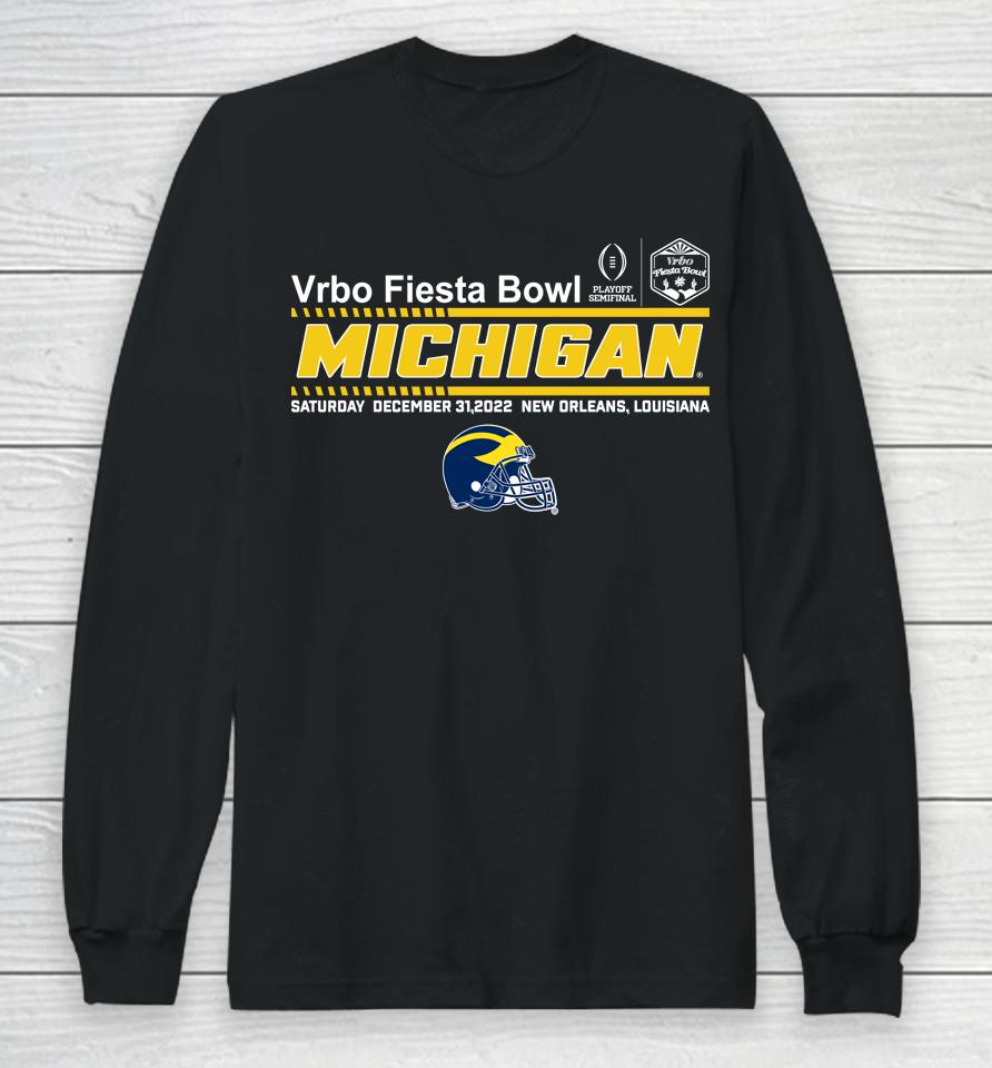 Fiesta Bowl Merch Cfp Semifinal Vrbo Fiesta Bowl Michigan Team Helmet Long Sleeve T-Shirt
