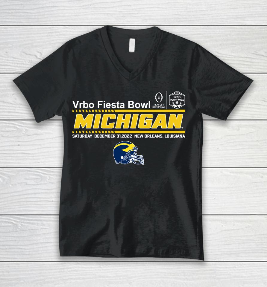 Fiesta Bowl Merch Cfp Semifinal Vrbo Fiesta Bowl Michigan Team Helmet Unisex V-Neck T-Shirt