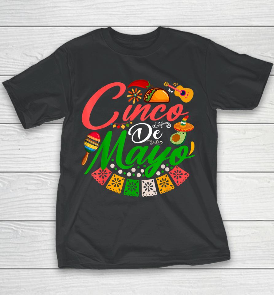 Fiesta Cinco De Mayo Mexican Maracas Tacos Avocado Sombrero Youth T-Shirt