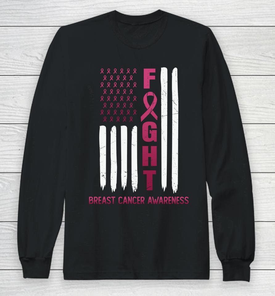 Fight Breast Cancer Awareness Usa Flag Long Sleeve T-Shirt