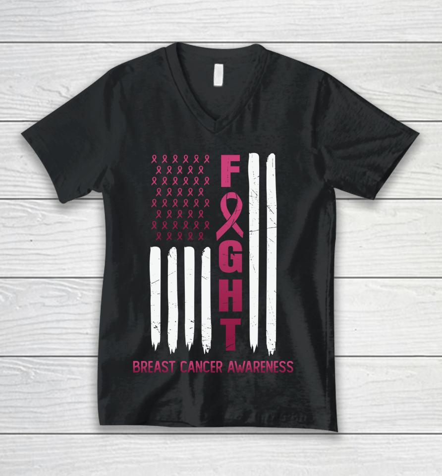 Fight Breast Cancer Awareness Usa Flag Unisex V-Neck T-Shirt