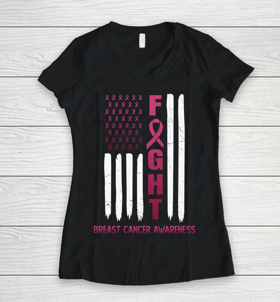 Fight Breast Cancer Awareness Usa Flag Women V-Neck T-Shirt