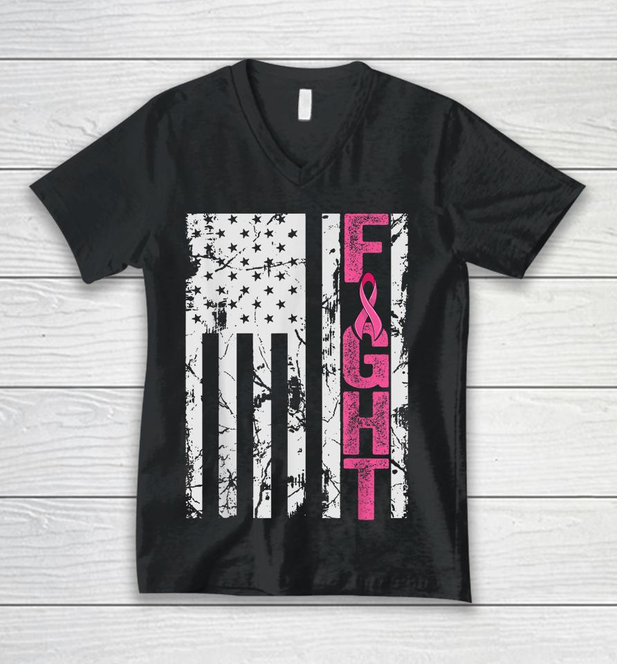 Fight Breast Survivor American Flag Breast Cancer Awareness Unisex V-Neck T-Shirt