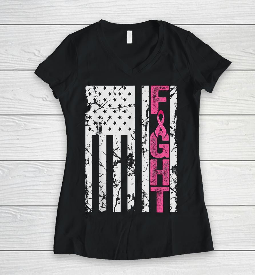 Fight Breast Survivor American Flag Breast Cancer Awareness Women V-Neck T-Shirt