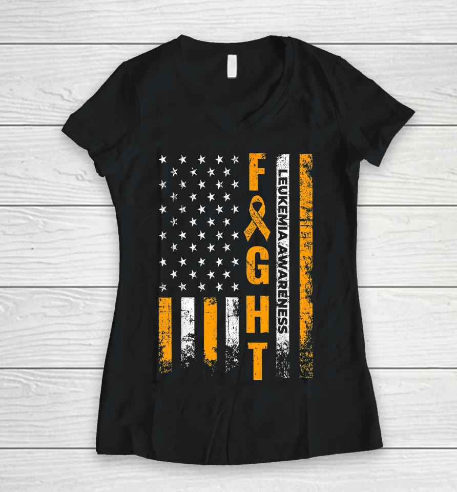 Fight Usa Flag Leukemia Awareness Cancer Survivor Gift Women V-Neck T-Shirt