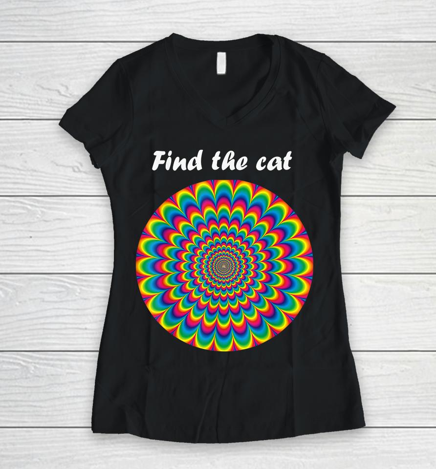Find The Cat Optical Illusion Women V-Neck T-Shirt
