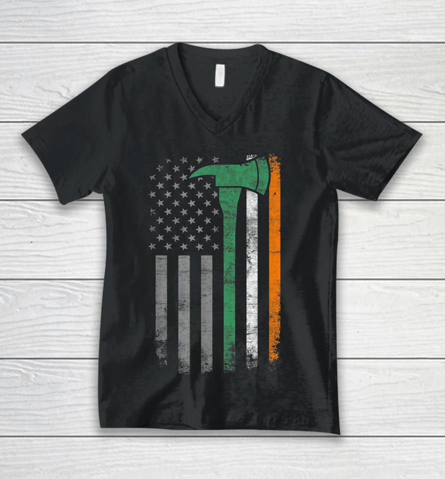 Firefighter St Patrick Day Vintage Axes American Flag Unisex V-Neck T-Shirt