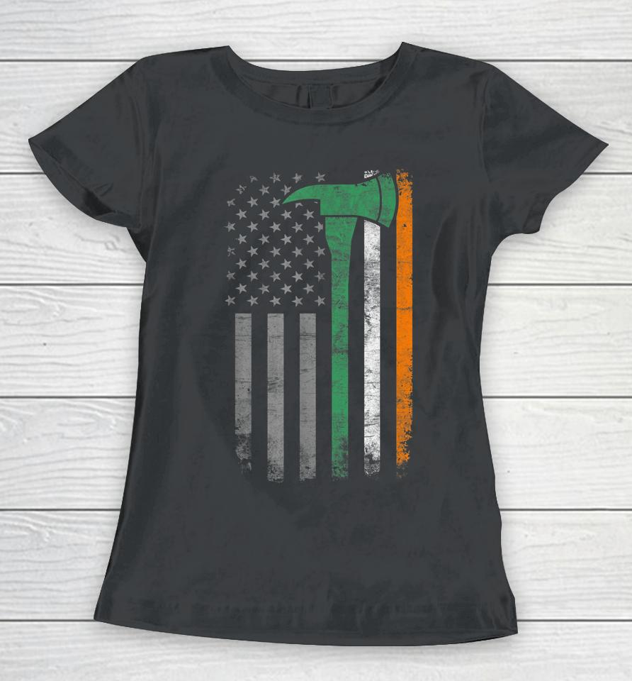 Firefighter St Patrick Day Vintage Axes American Flag Women T-Shirt