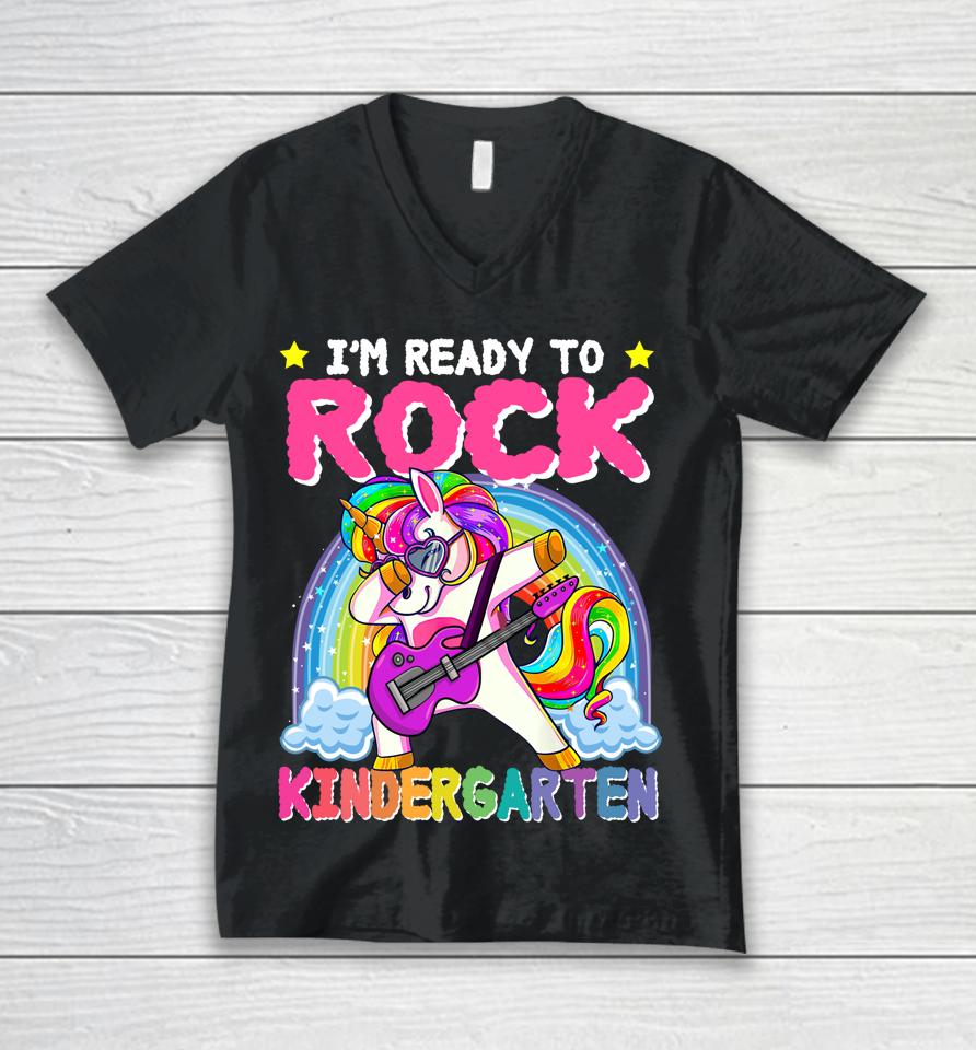 First Day Of Kindergarten Rock Unicorn Girls Back To School Unisex V-Neck T-Shirt
