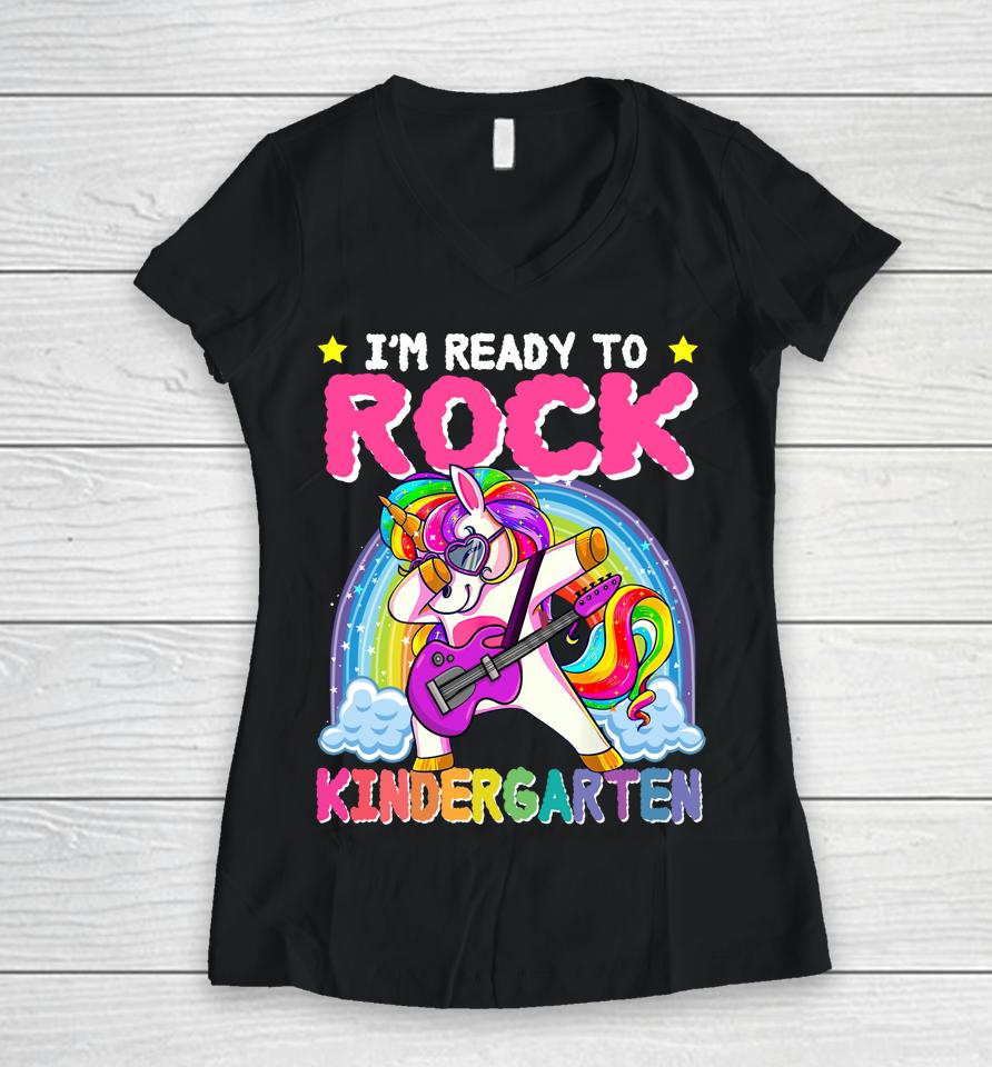 First Day Of Kindergarten Rock Unicorn Girls Back To School Women V-Neck T-Shirt