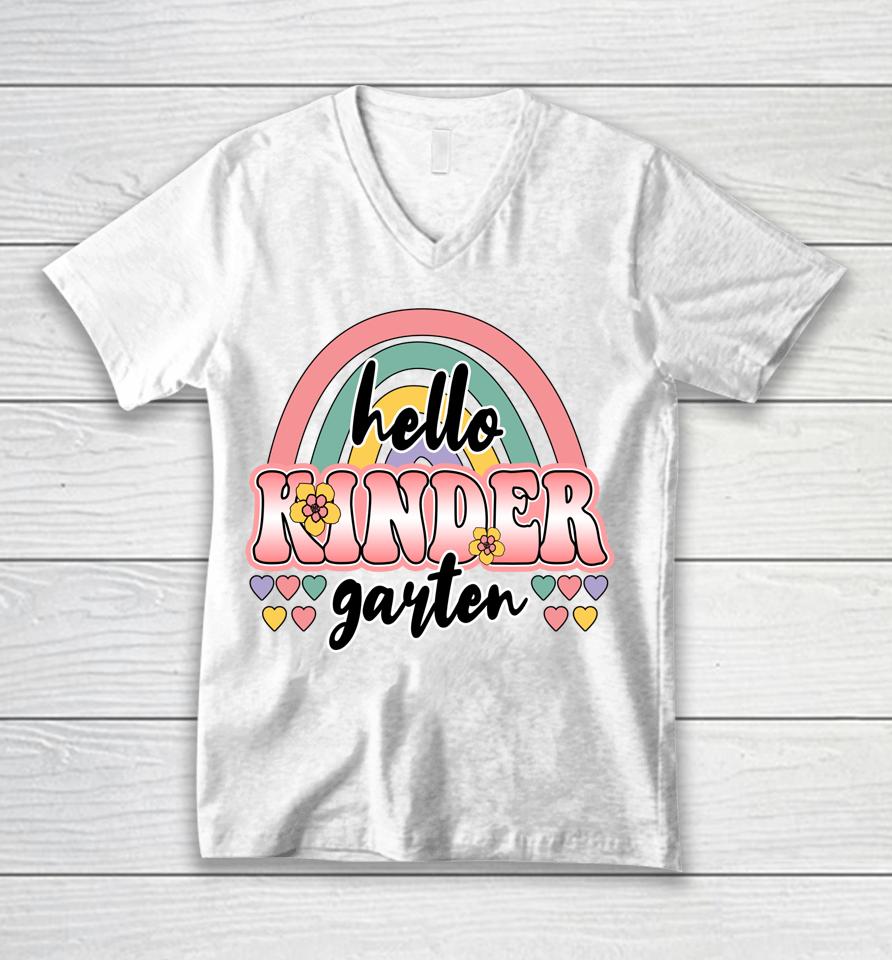 First Day Of School Hello Kindergarten Teacher Rainbow Kids Unisex V-Neck T-Shirt