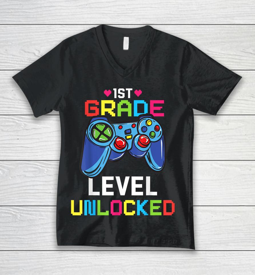 First Grade Level Unlocked Gamer 1St Day Of School Boy Kids Unisex V-Neck T-Shirt