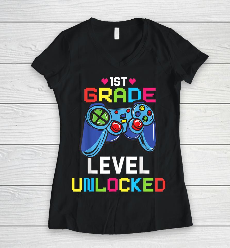 First Grade Level Unlocked Gamer 1St Day Of School Boy Kids Women V-Neck T-Shirt