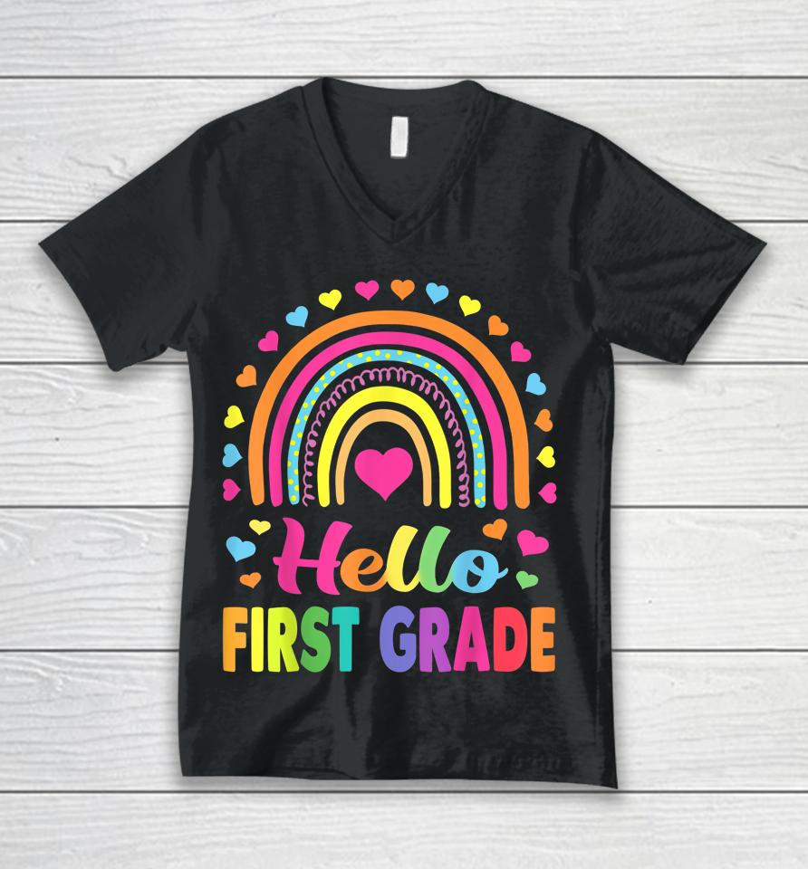 First Grade Rainbow Team Hello 1St Grade Rocks Squad Teacher Unisex V-Neck T-Shirt