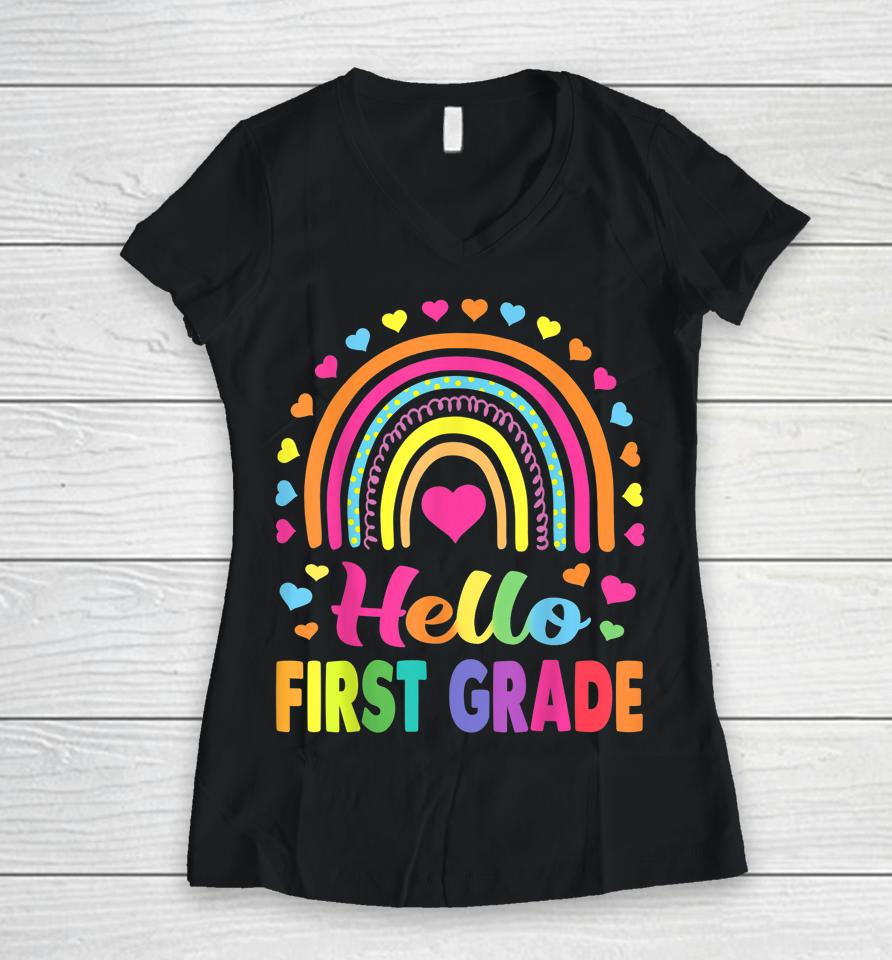 First Grade Rainbow Team Hello 1St Grade Rocks Squad Teacher Women V-Neck T-Shirt