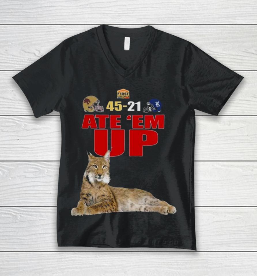First Responder Bowl Texas State Bobcats Score 45 – 21 Versus Rice Owls Ate ’Em Up 2024 Unisex V-Neck T-Shirt