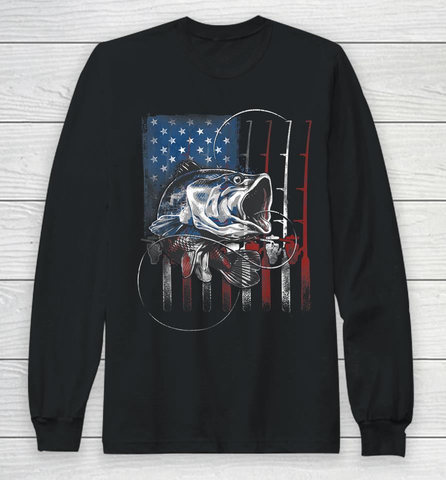 Fishing American Flag Vintage T-Shirt Usa Bass Fisherman Gift Long Sleeve T-Shirt