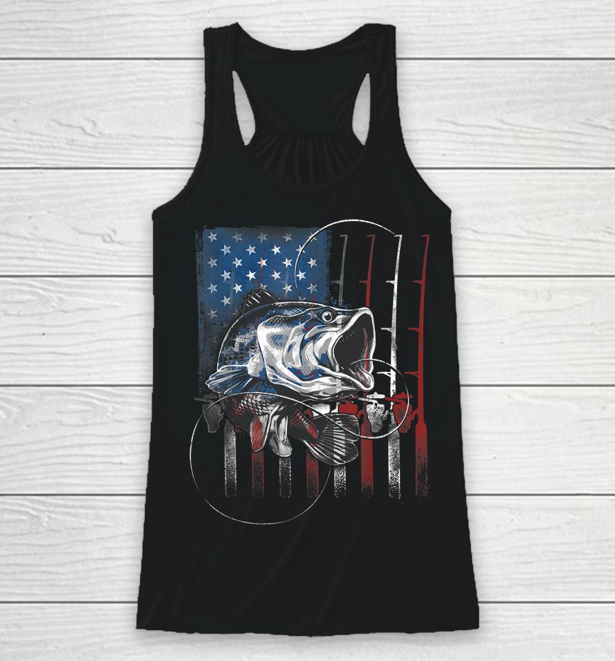 Fishing American Flag Vintage T-Shirt Usa Bass Fisherman Gift Racerback Tank