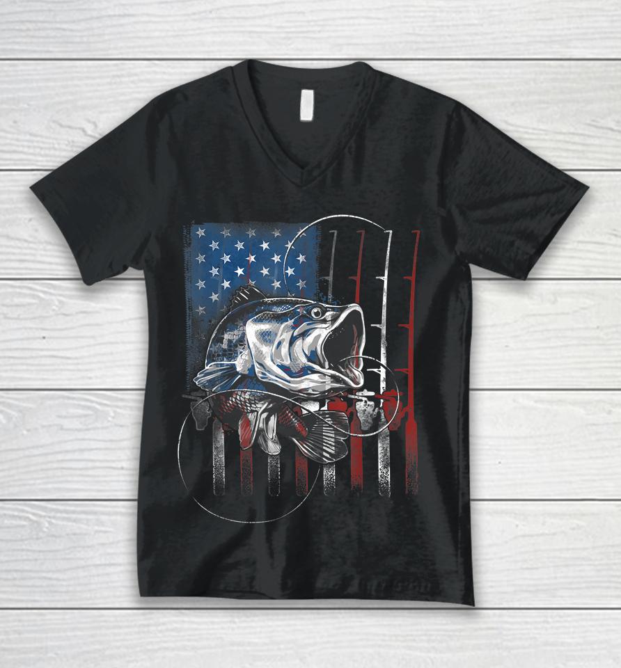 Fishing American Flag Vintage T-Shirt Usa Bass Fisherman Gift Unisex V-Neck T-Shirt