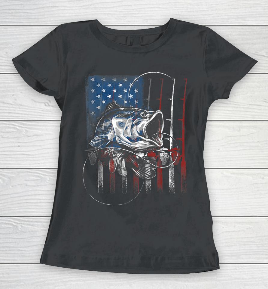 Fishing American Flag Vintage T-Shirt Usa Bass Fisherman Gift Women T-Shirt