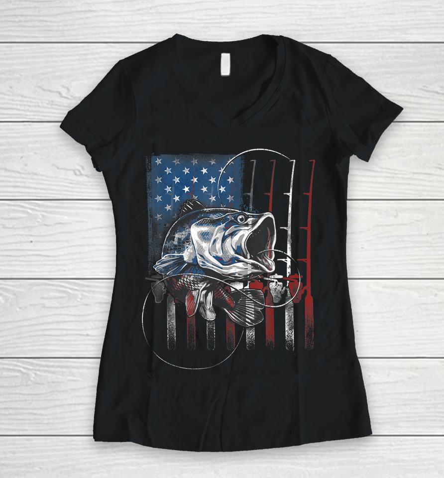 Fishing American Flag Vintage T-Shirt Usa Bass Fisherman Gift Women V-Neck T-Shirt