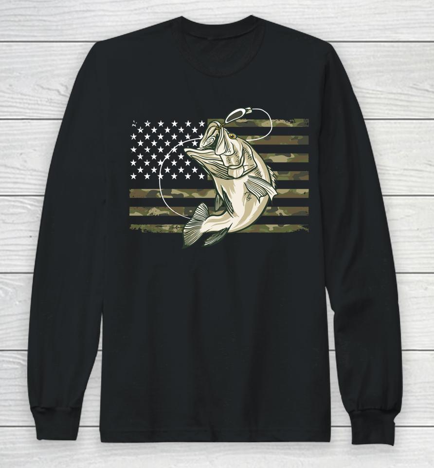 Fishing Camouflage Us American Flag Bass Fish Fisherman Camo Long Sleeve T-Shirt