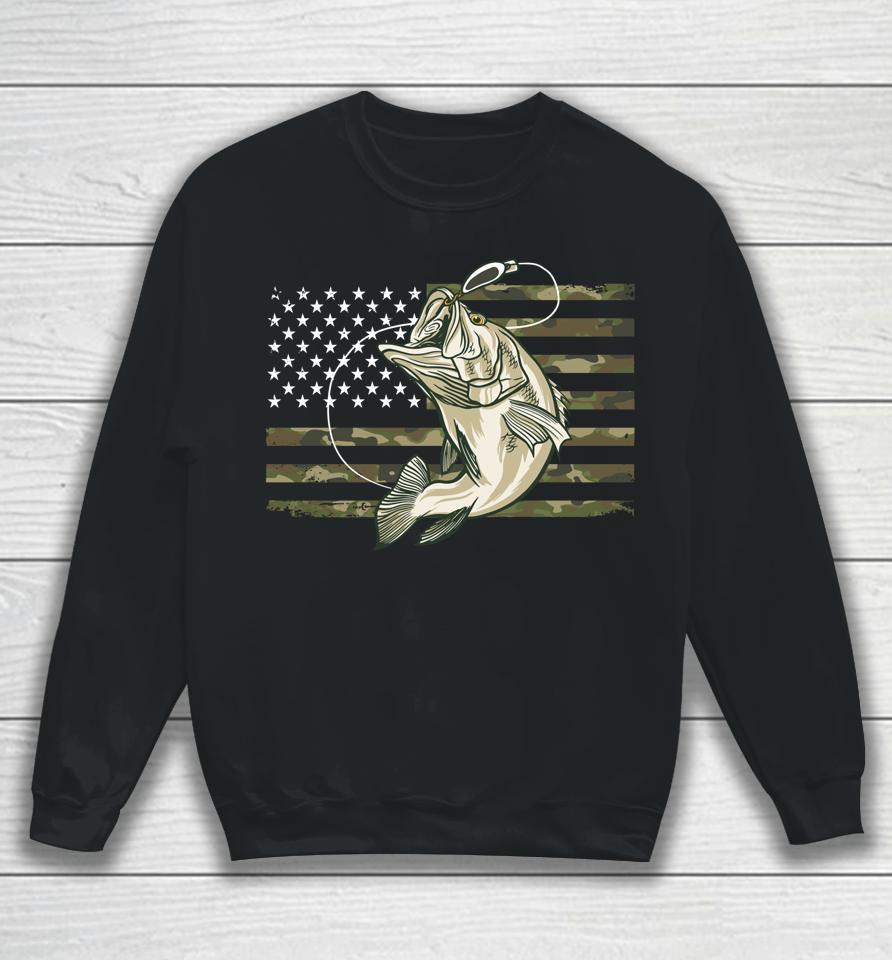 Fishing Camouflage Us American Flag Bass Fish Fisherman Camo Sweatshirt