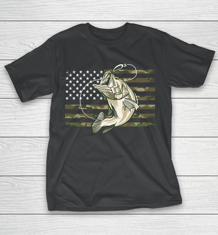 Fishing Camouflage Us American Flag Bass Fish Fisherman Camo T-Shirt