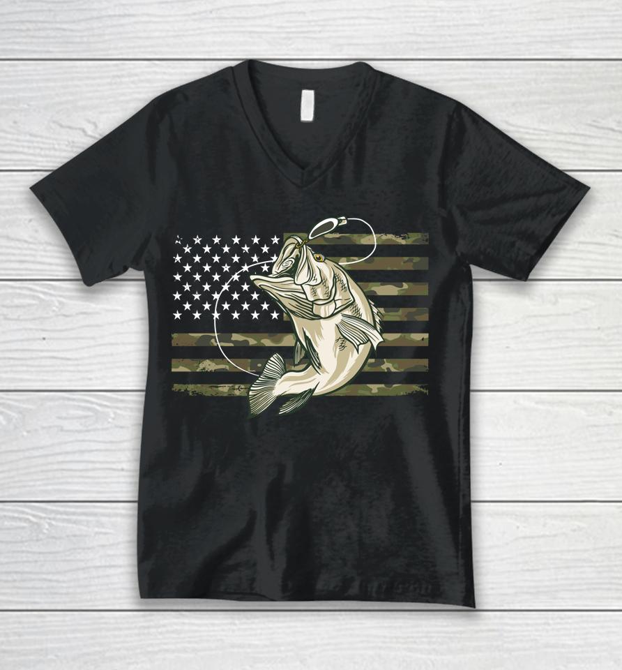Fishing Camouflage Us American Flag Bass Fish Fisherman Camo Unisex V-Neck T-Shirt