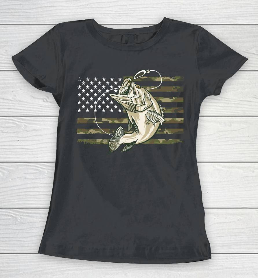 Fishing Camouflage Us American Flag Bass Fish Fisherman Camo Women T-Shirt