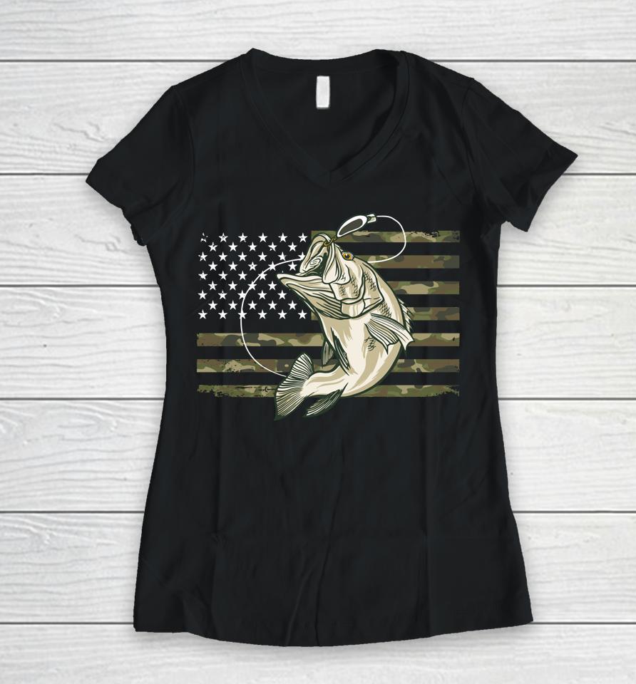 Fishing Camouflage Us American Flag Bass Fish Fisherman Camo Women V-Neck T-Shirt