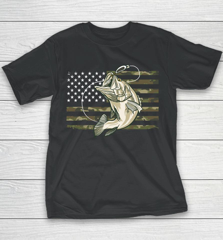 Fishing Camouflage Us American Flag Bass Fish Fisherman Camo Youth T-Shirt