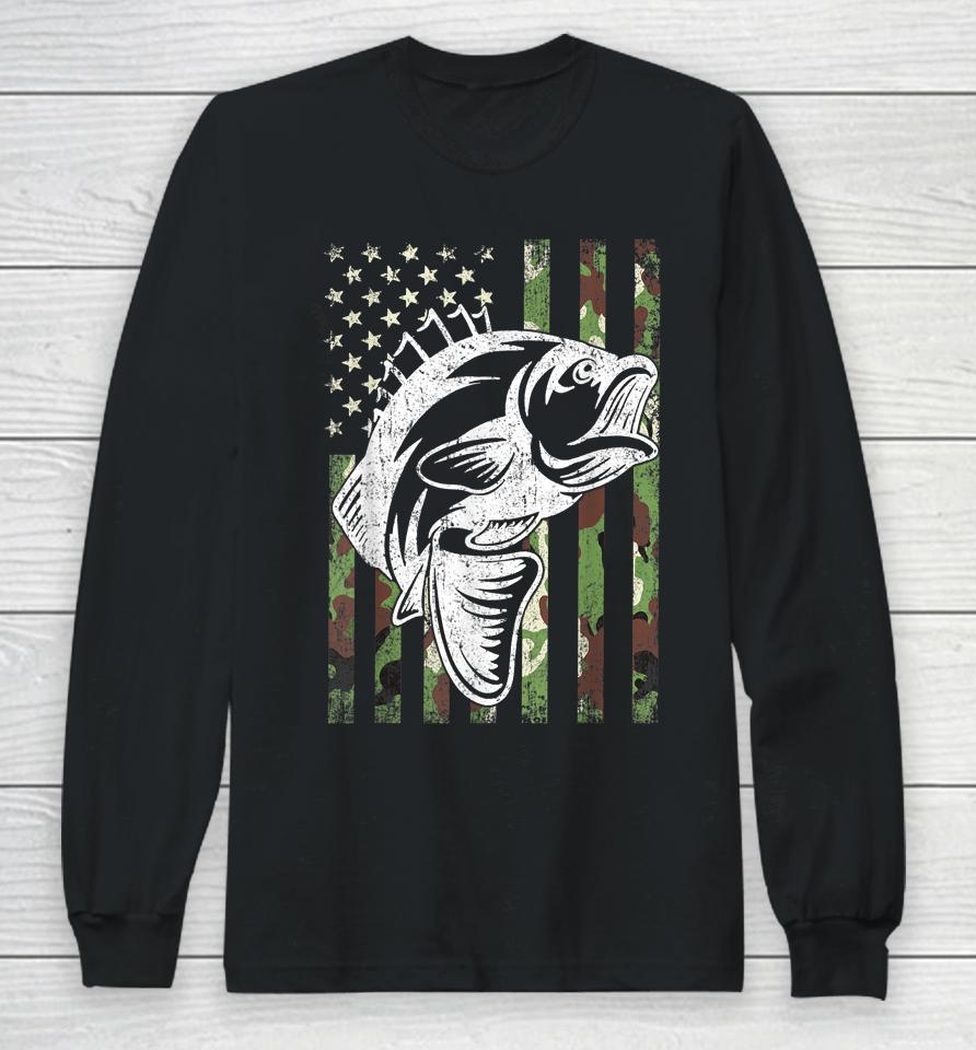 Fishing Camouflage Usa Flag Bass Fisherman Father's Day Gift Long Sleeve T-Shirt