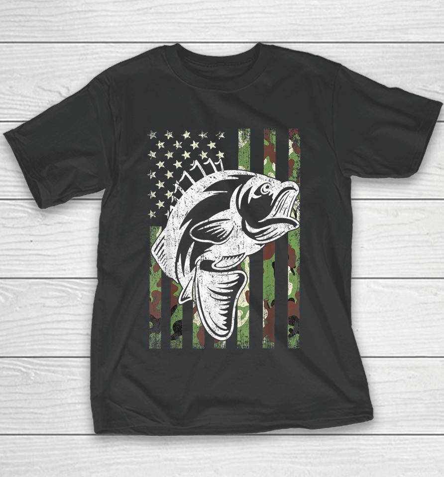 Fishing Camouflage Usa Flag Bass Fisherman Father's Day Gift Youth T-Shirt