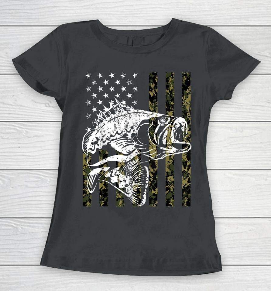 Fishing Camouflage Usa Flag For Bass Fisherman Gifts Women T-Shirt