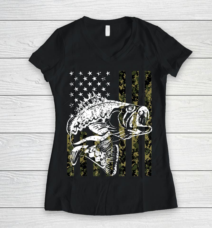 Fishing Camouflage Usa Flag For Bass Fisherman Gifts Women V-Neck T-Shirt