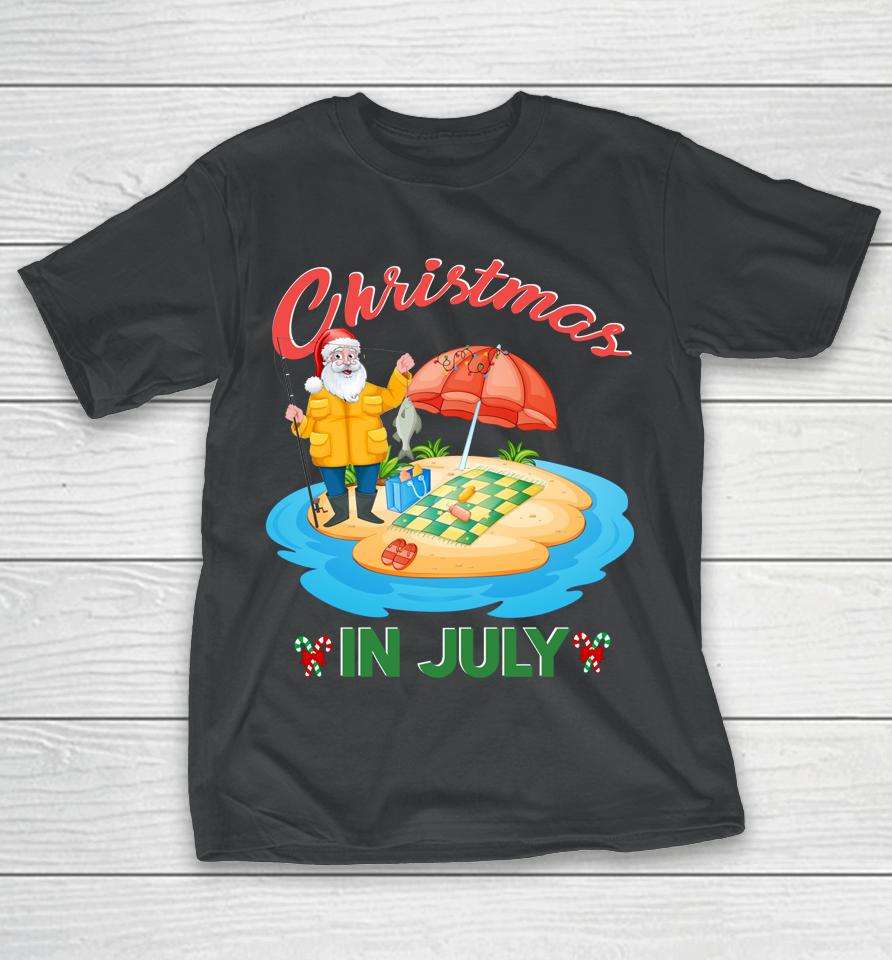 Fishing Christmas In July Santa Hat Xmas Funny Summer Xmas T-Shirt