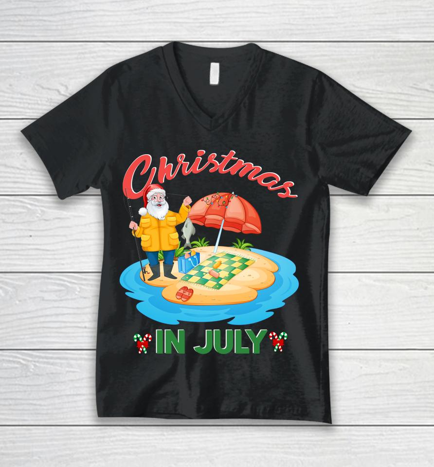 Fishing Christmas In July Santa Hat Xmas Funny Summer Xmas Unisex V-Neck T-Shirt