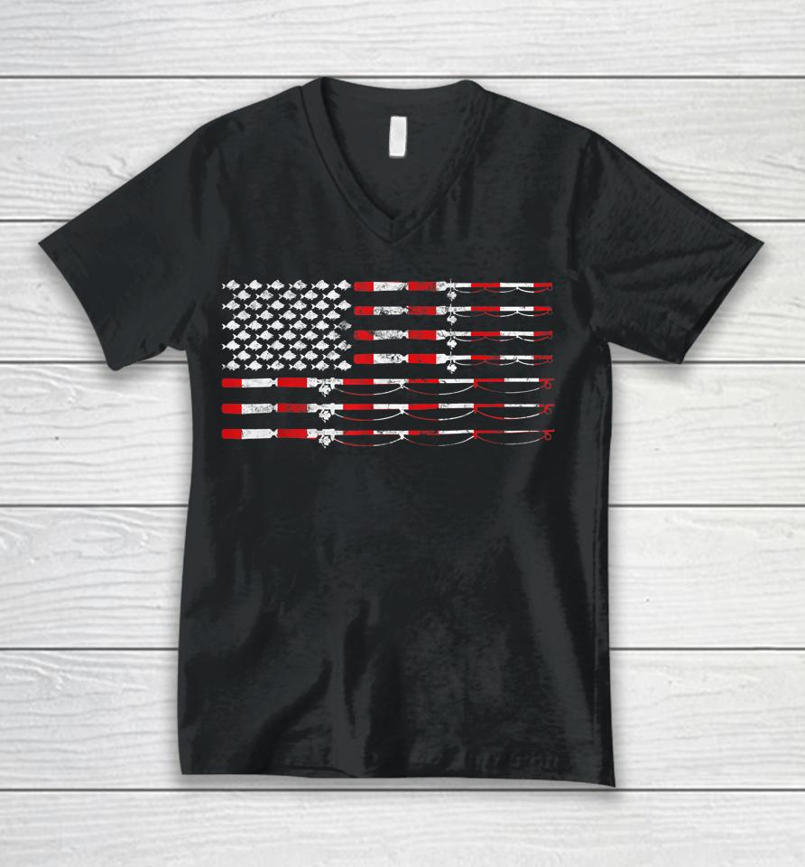 Fishing Fly Rod American Flag Unisex V-Neck T-Shirt