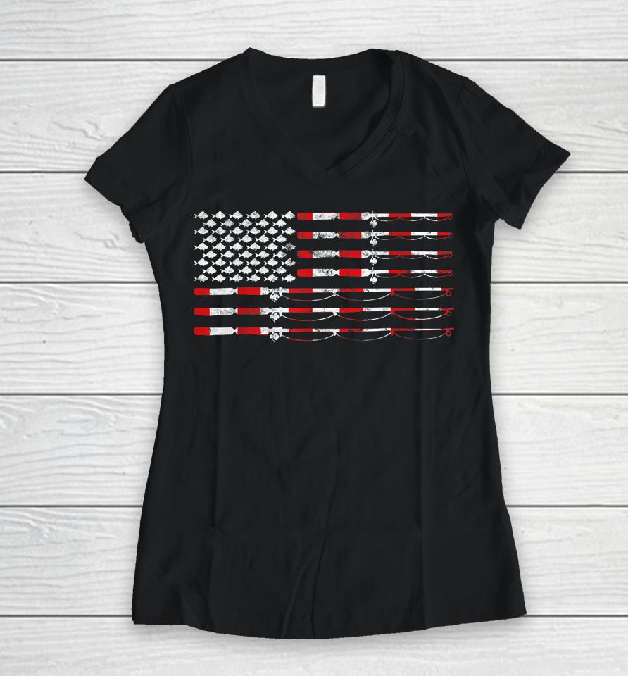 Fishing Fly Rod American Flag Women V-Neck T-Shirt