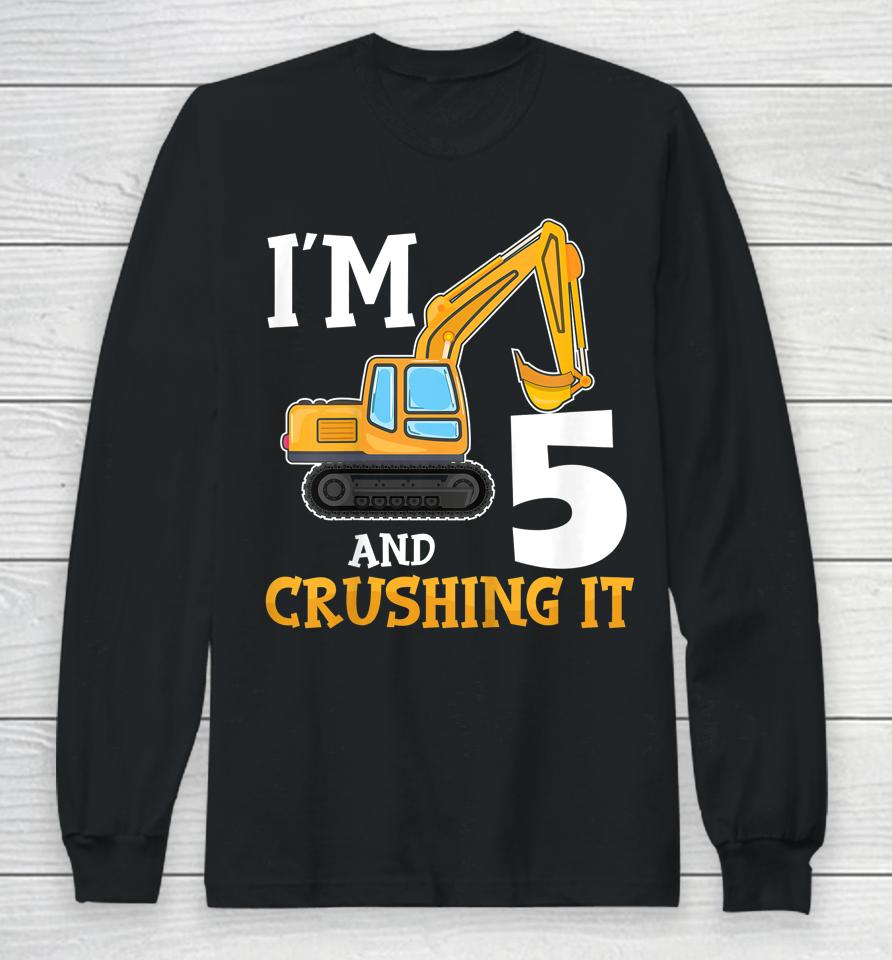 Five 5Yr 5Th Birthday Digger Boy Construction 5 Years Old Long Sleeve T-Shirt