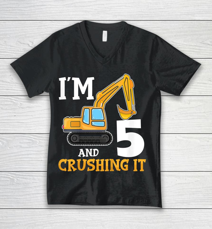 Five 5Yr 5Th Birthday Digger Boy Construction 5 Years Old Unisex V-Neck T-Shirt