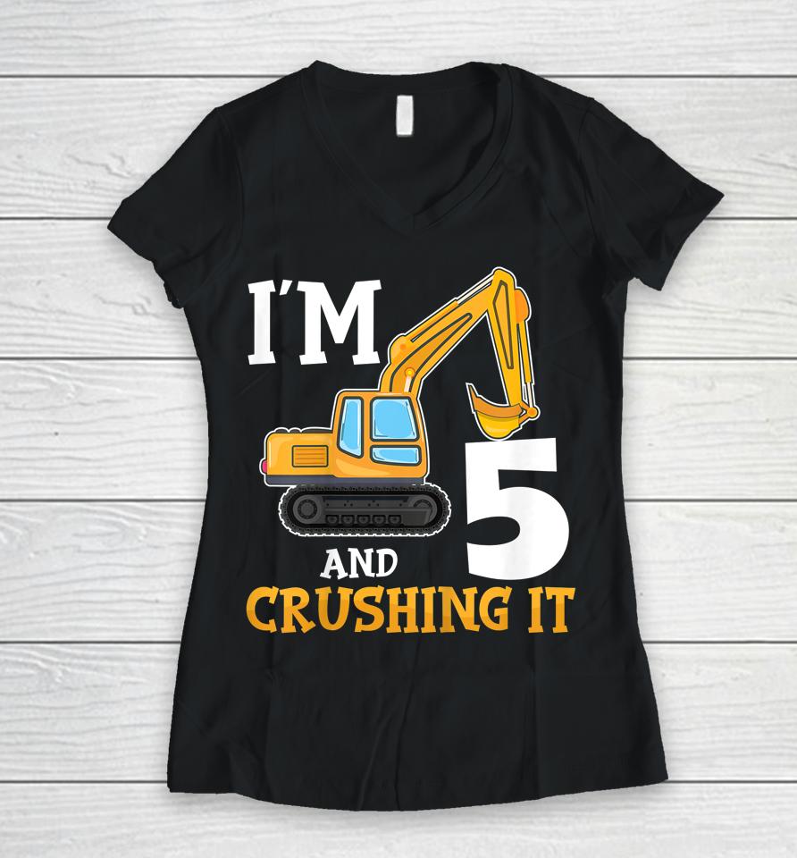 Five 5Yr 5Th Birthday Digger Boy Construction 5 Years Old Women V-Neck T-Shirt