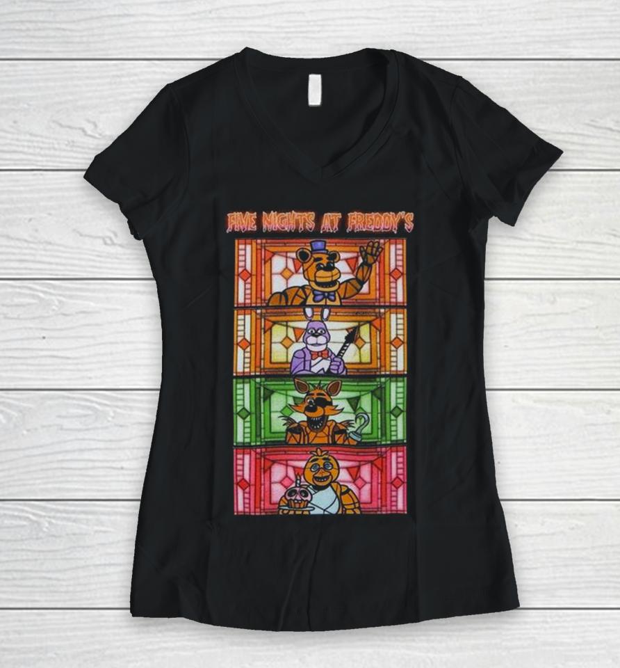Five Nights At Freddy’s Stained Glass Characters Women V-Neck T-Shirt