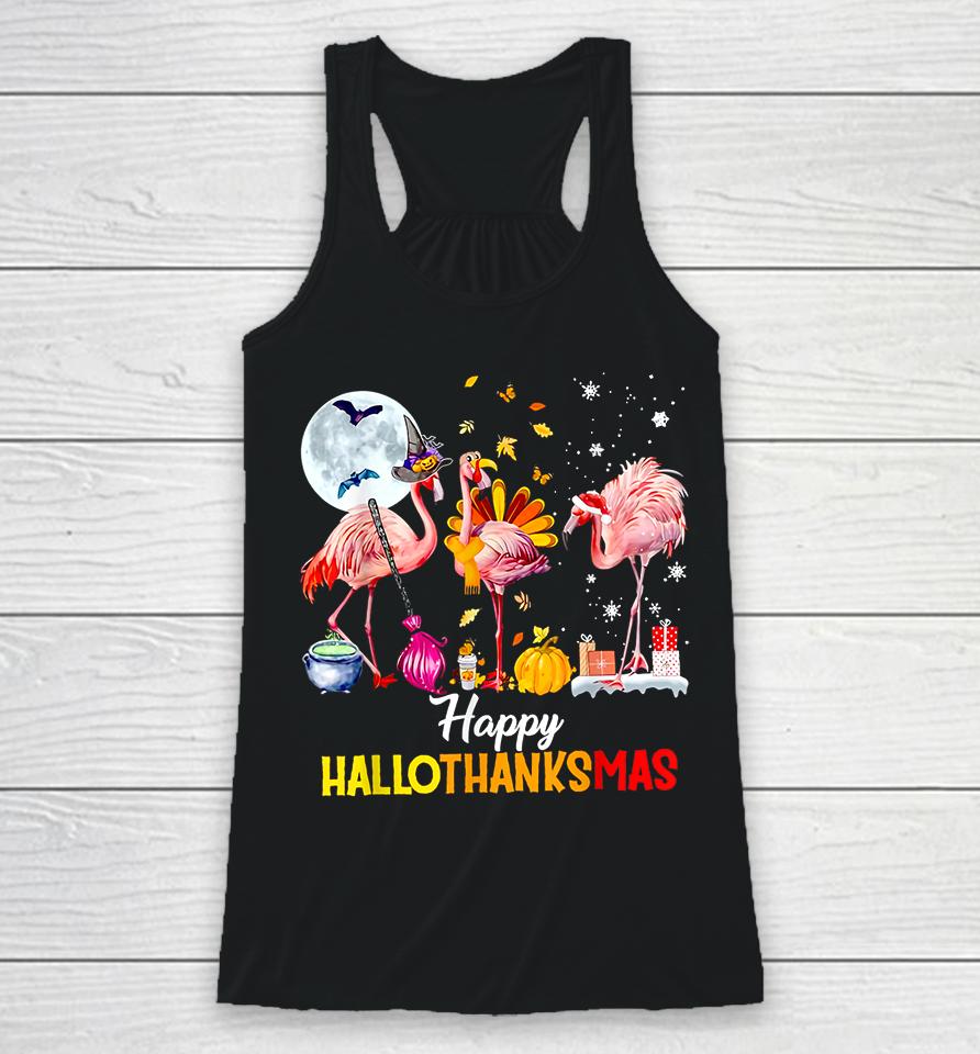 Flamingo Happy Hallothanksmas Funny Halloween Thanksgiving Racerback Tank