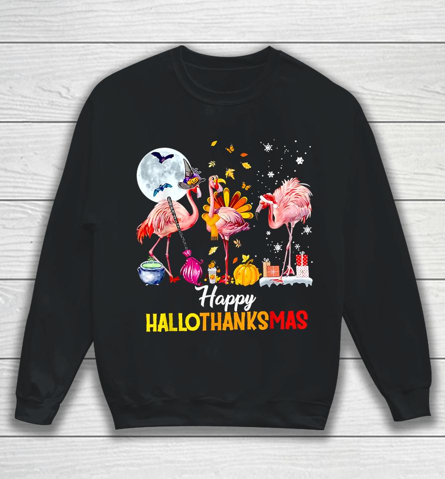 Flamingo Happy Hallothanksmas Funny Halloween Thanksgiving Sweatshirt