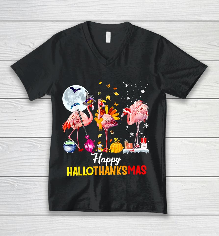 Flamingo Happy Hallothanksmas Funny Halloween Thanksgiving Unisex V-Neck T-Shirt
