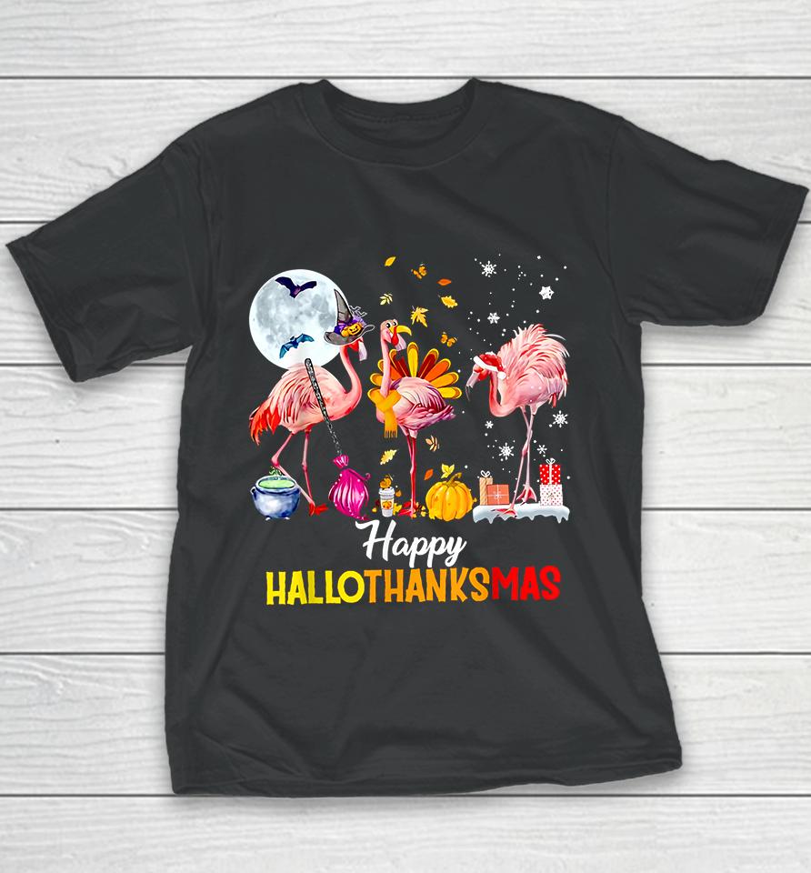 Flamingo Happy Hallothanksmas Funny Halloween Thanksgiving Youth T-Shirt